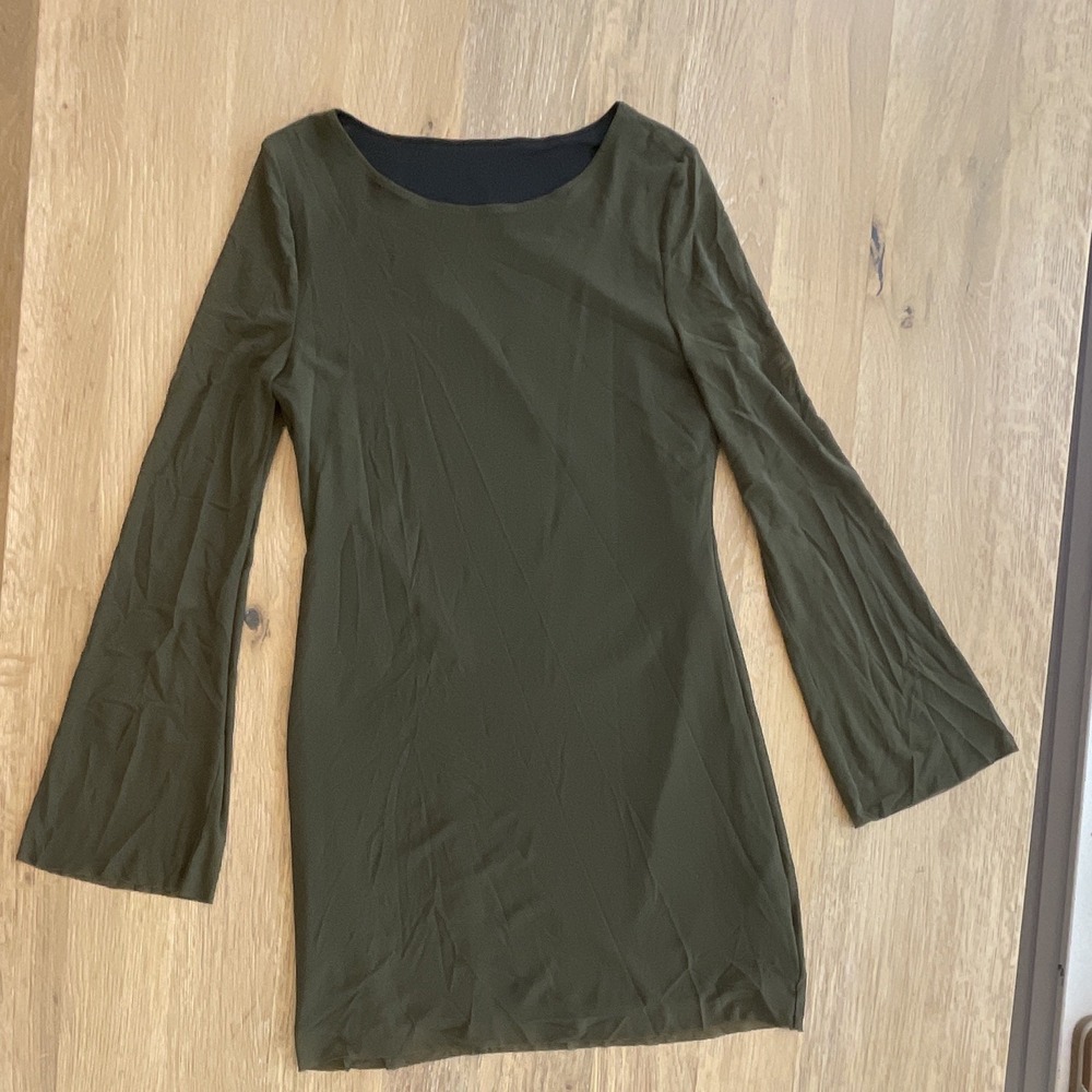 Women Olive Green Mesh Bell Sleeve Mini Dress Scoop Neck Bodycon Size M
